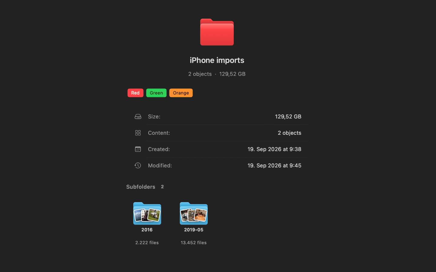 The folder view of a folder without images: folder information and subfolders with preview images