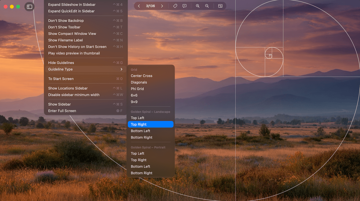 New Composition Guides in Phiewer: Phi Grid, Golden Spiral and Diagonals for Mac