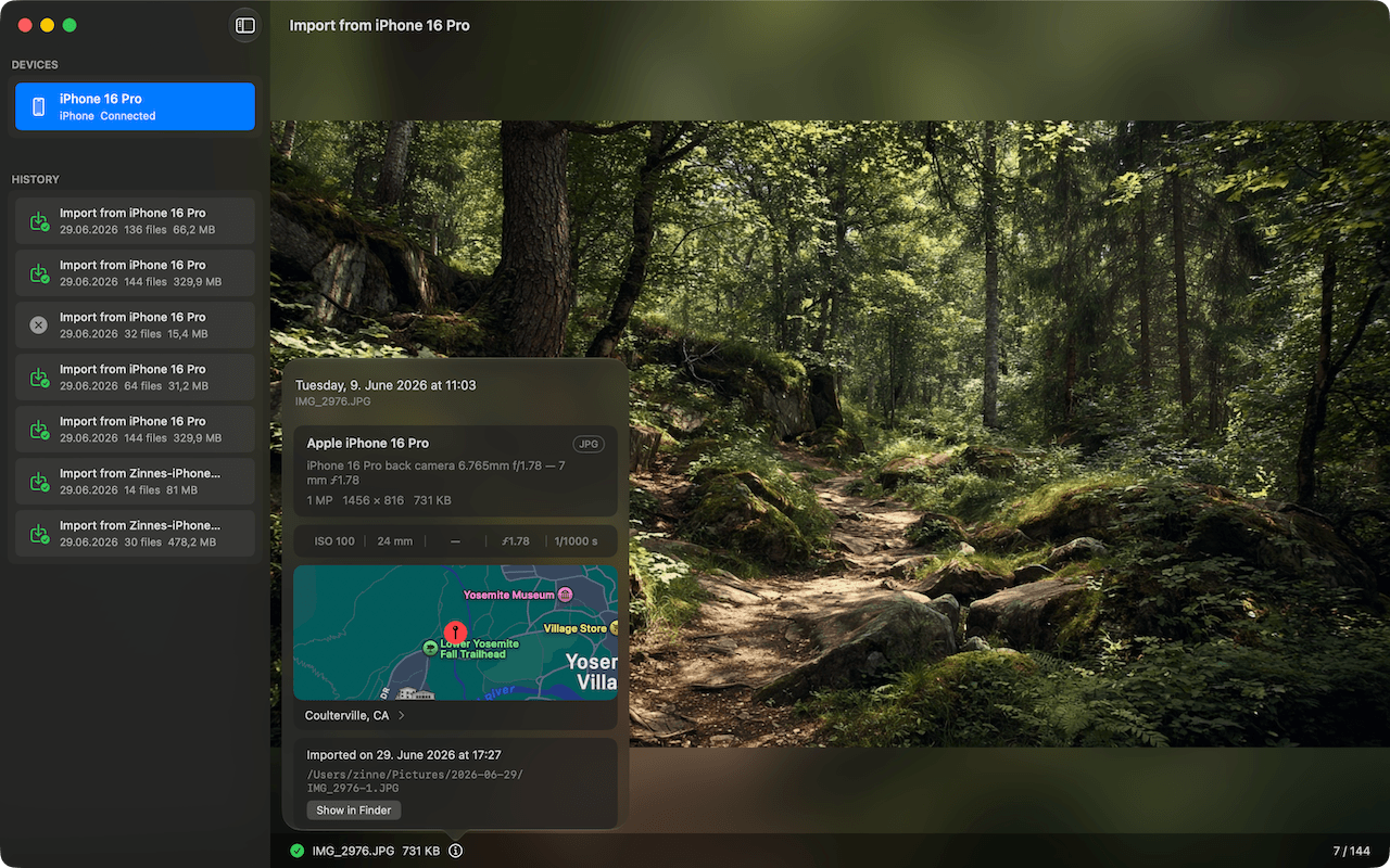 Every shot can be viewed before the import, including capture time, camera data and location.